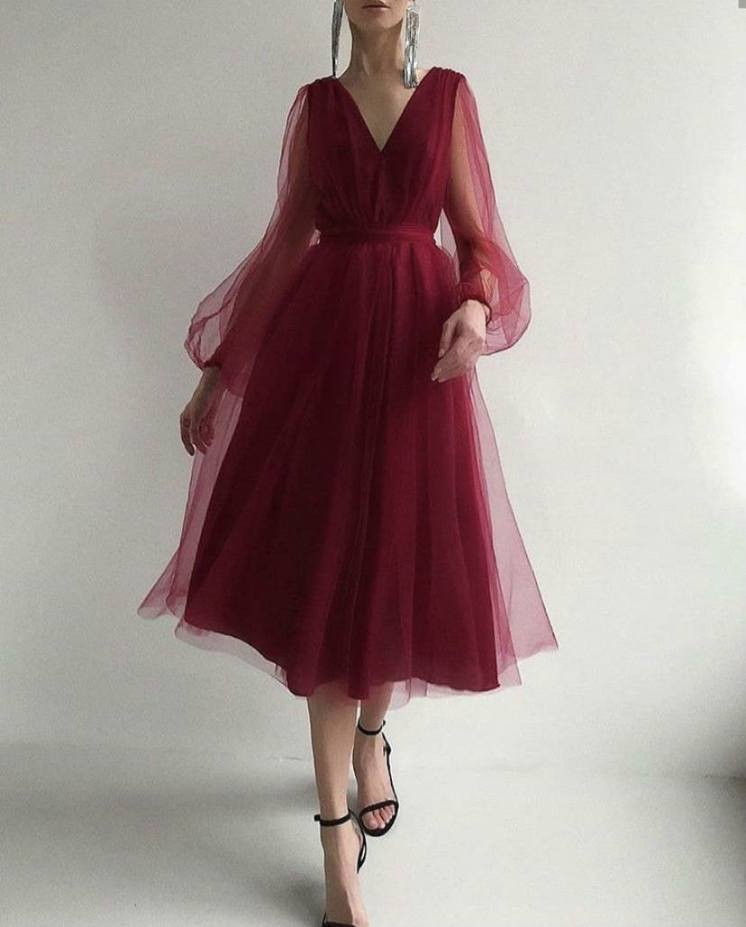 Women's Deep V Plunge Mesh Bubble Long Sleeve Slim Waist Dress