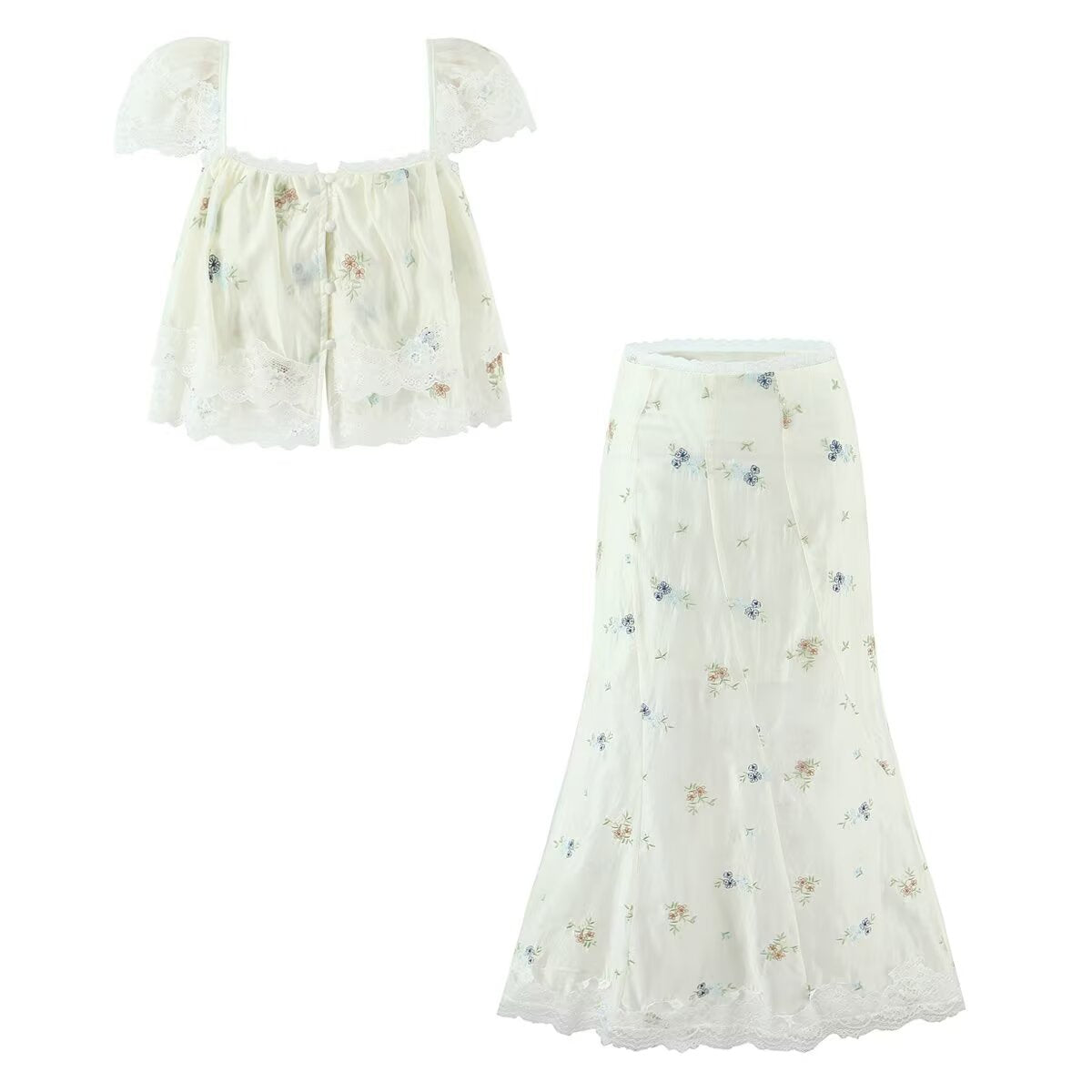 Women's Lothing Embroidered Floral Strap Shirt and Skirt Two-Piece Set