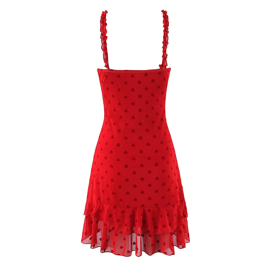 Polka-Dot Ruffled V-Neck Strap Dress