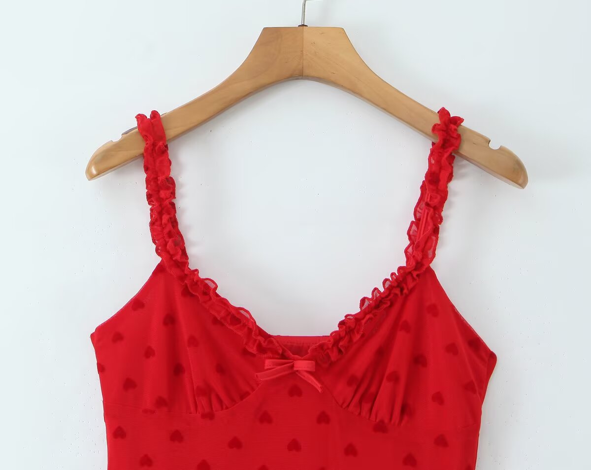 Polka-Dot Ruffled V-Neck Strap Dress