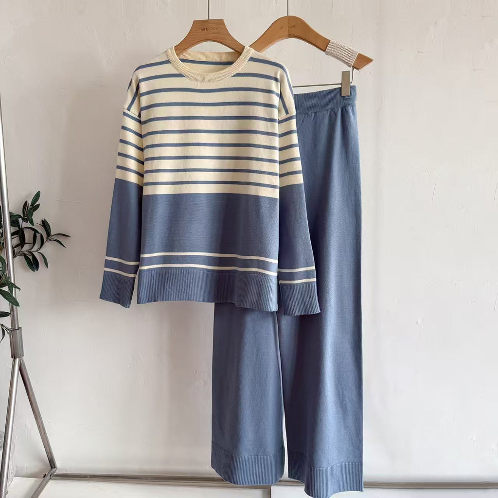 Women's Autumn Winter Striped Knitted Two Piece Pullover With A Round
