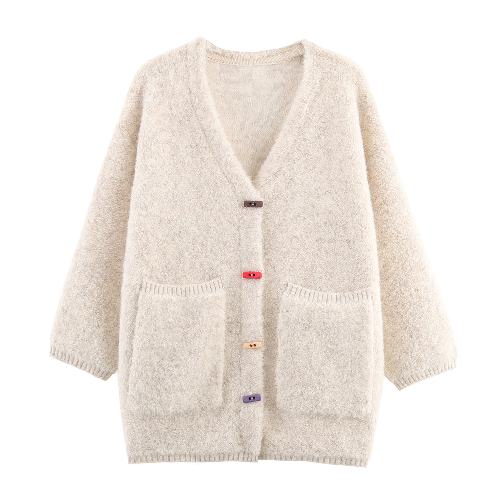 Women's Fall Loose Net Version V-Neck Pocket Knitted Thick Cardigan