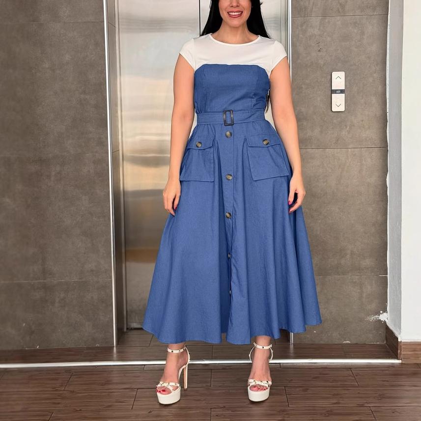 Women's Contrast Stitch Denim A Line Dress