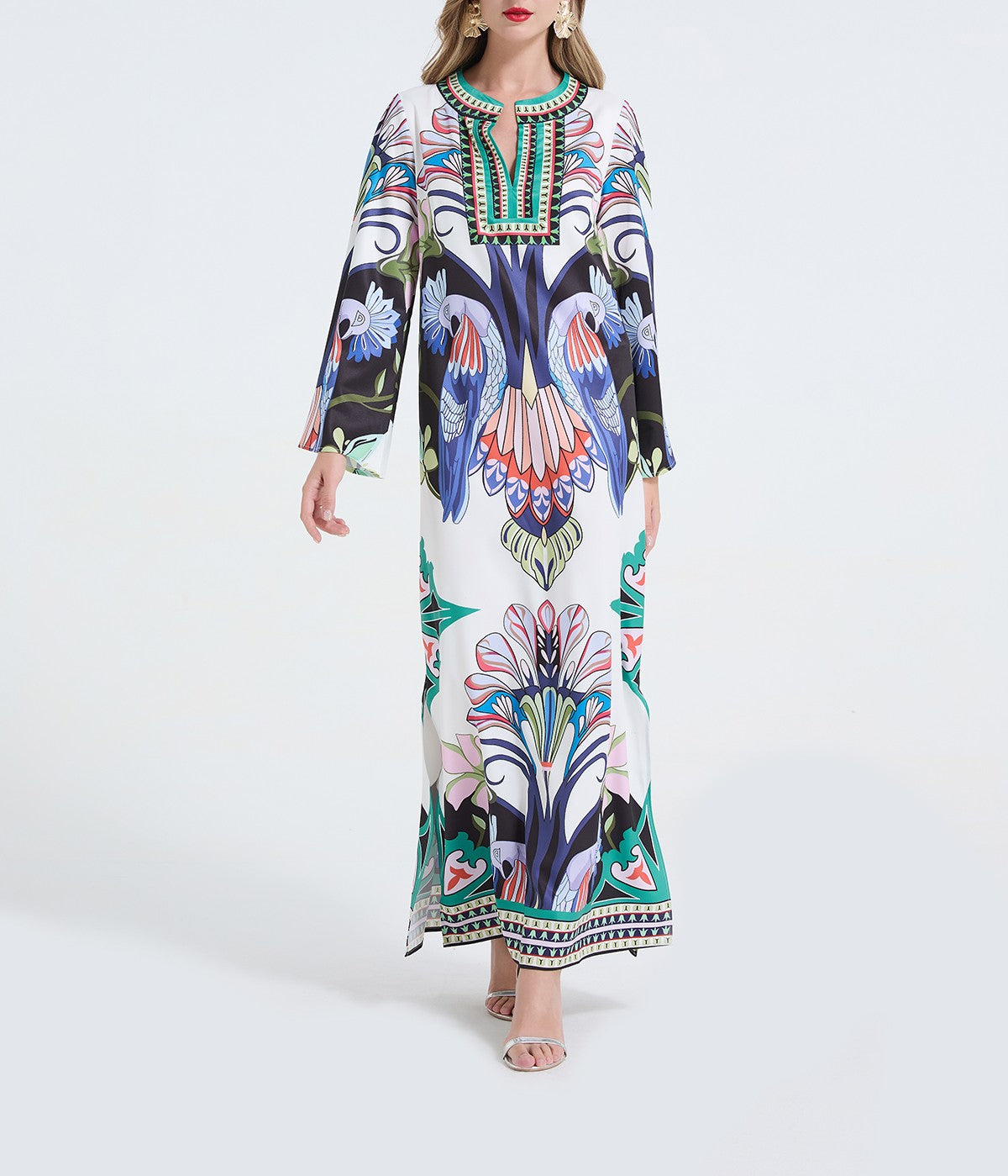 Women's 's Printed Slit Long-Sleeve Dress