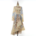 Casual Resort Irregular Ruffled Edge Printed Lantern Sleeve Wrap Around Mid