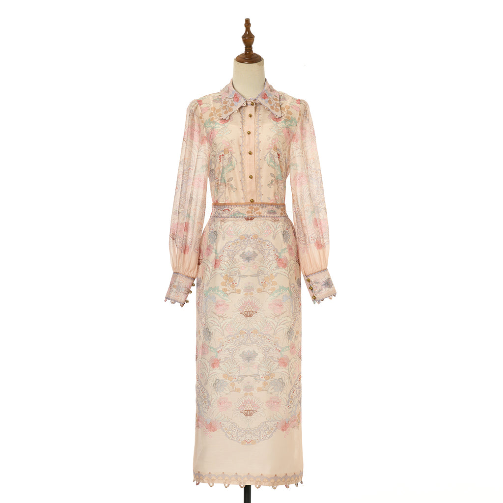 Women's Floral Patterned Short Blouse and Skirt Two-Piece Set