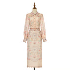 Women's Floral Patterned Short Blouse and Skirt Two-Piece Set