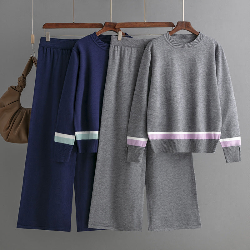 Women's Knitted Wide Leg Pants Loose Striped Knitted Two Piece Set
