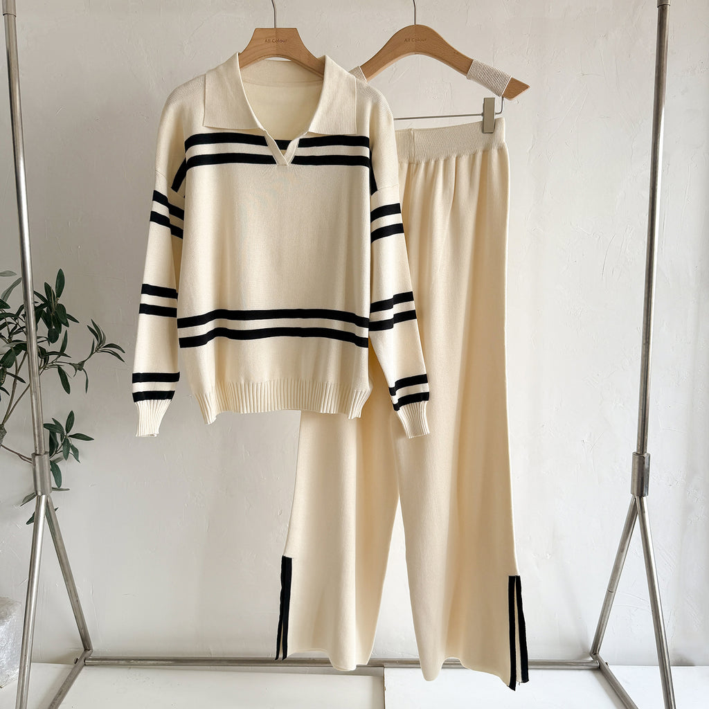 Women's Knitted Wide Leg Pants Loose Striped Knitted Two Piece Set