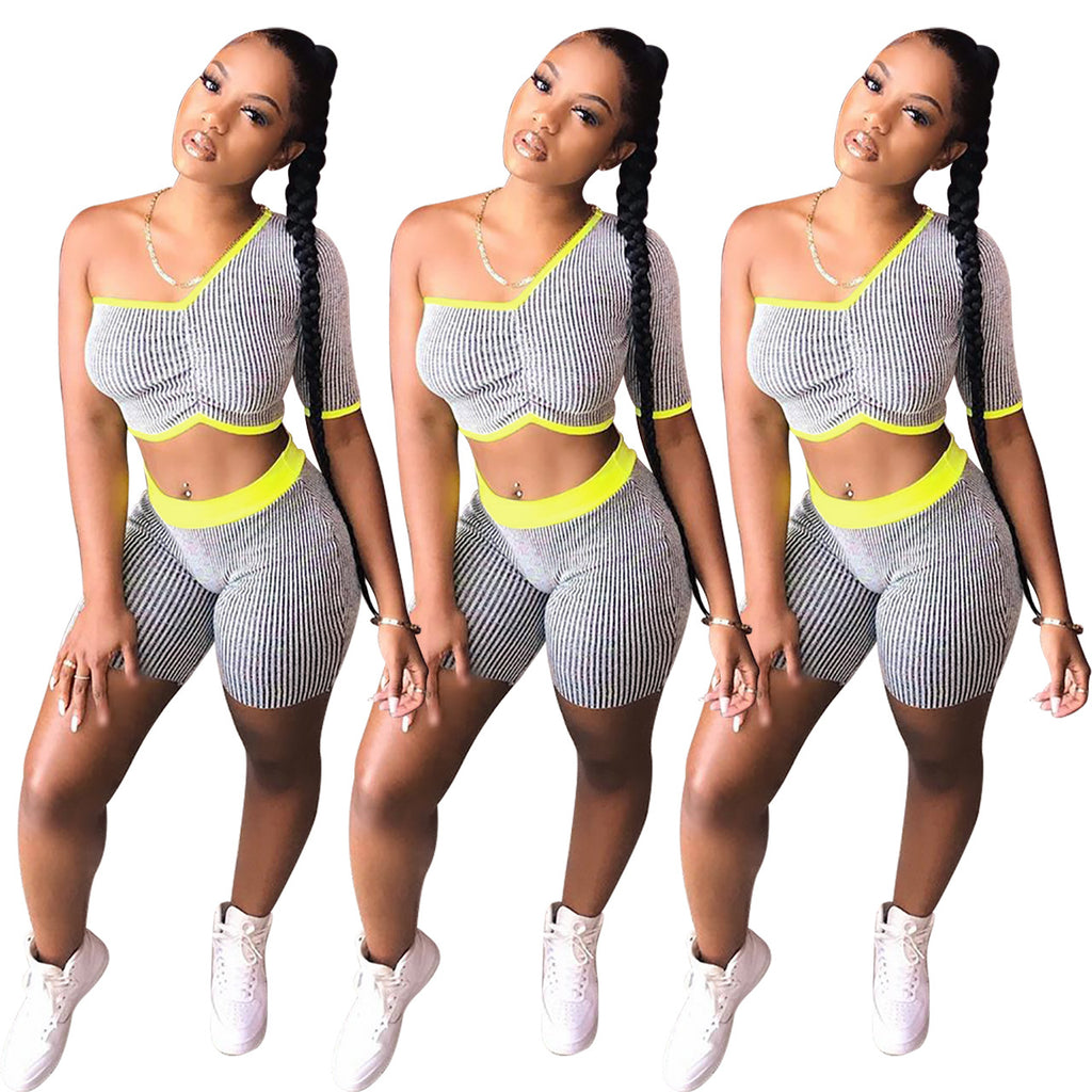 Women's Single Sleeve Striped Sports Coordinated Two-Piece Set