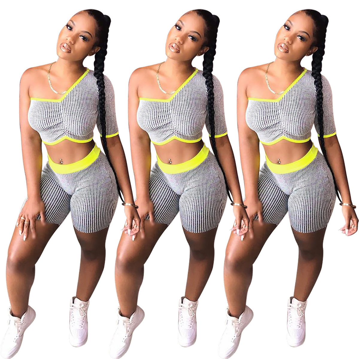 Women's Single Sleeve Striped Sports Coordinated Two-Piece Set