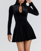 Women's Clothing Velvet Stand Up Collar Slim Fit A Line Black Dress Minimali
