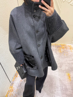 Women's Knitting Patchwork Stand Up Collar Furry Pocket Loose Idle Single Br