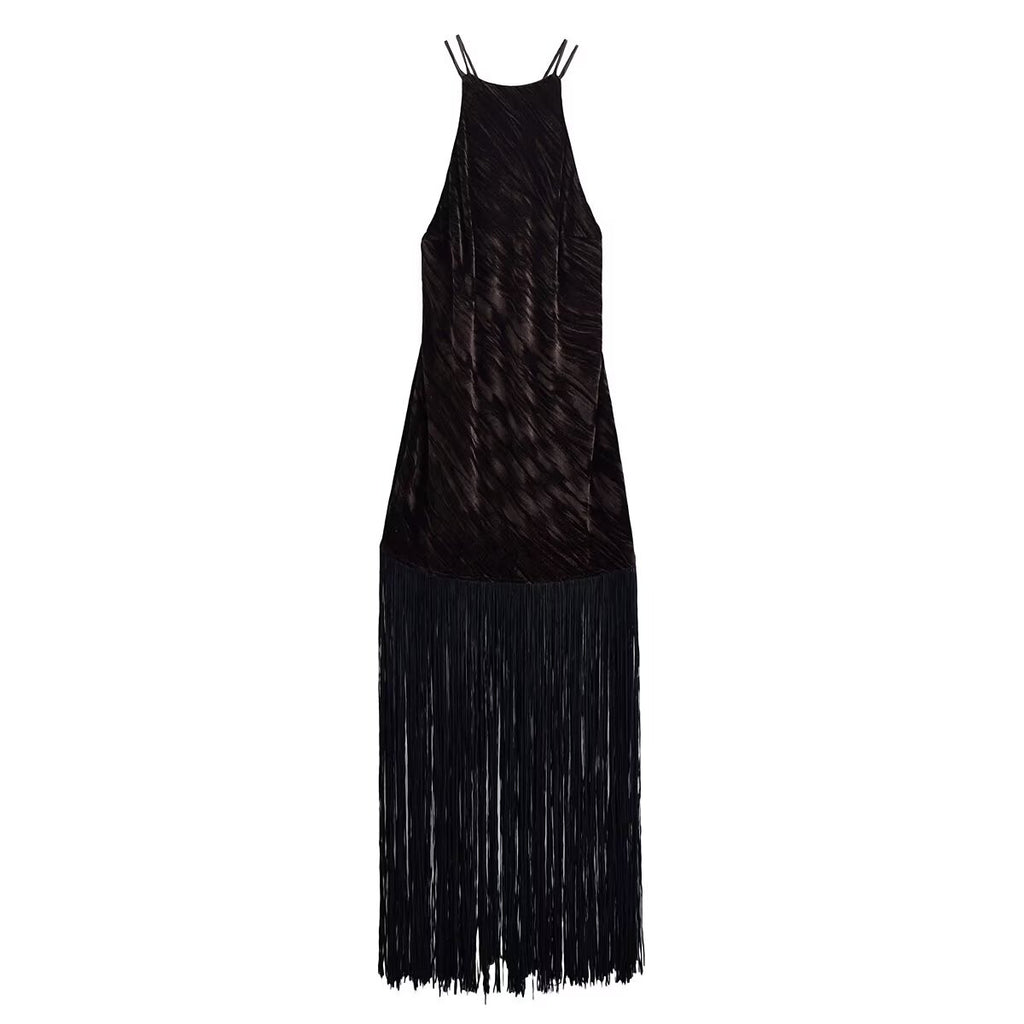 Women's Velvet Halter Tassel Midi Dress
