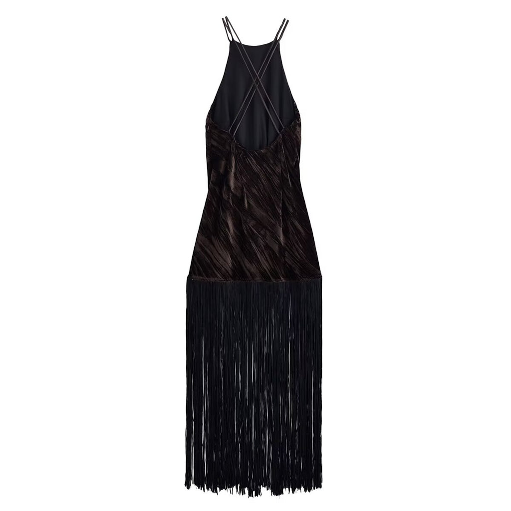 Women's Velvet Halter Tassel Midi Dress