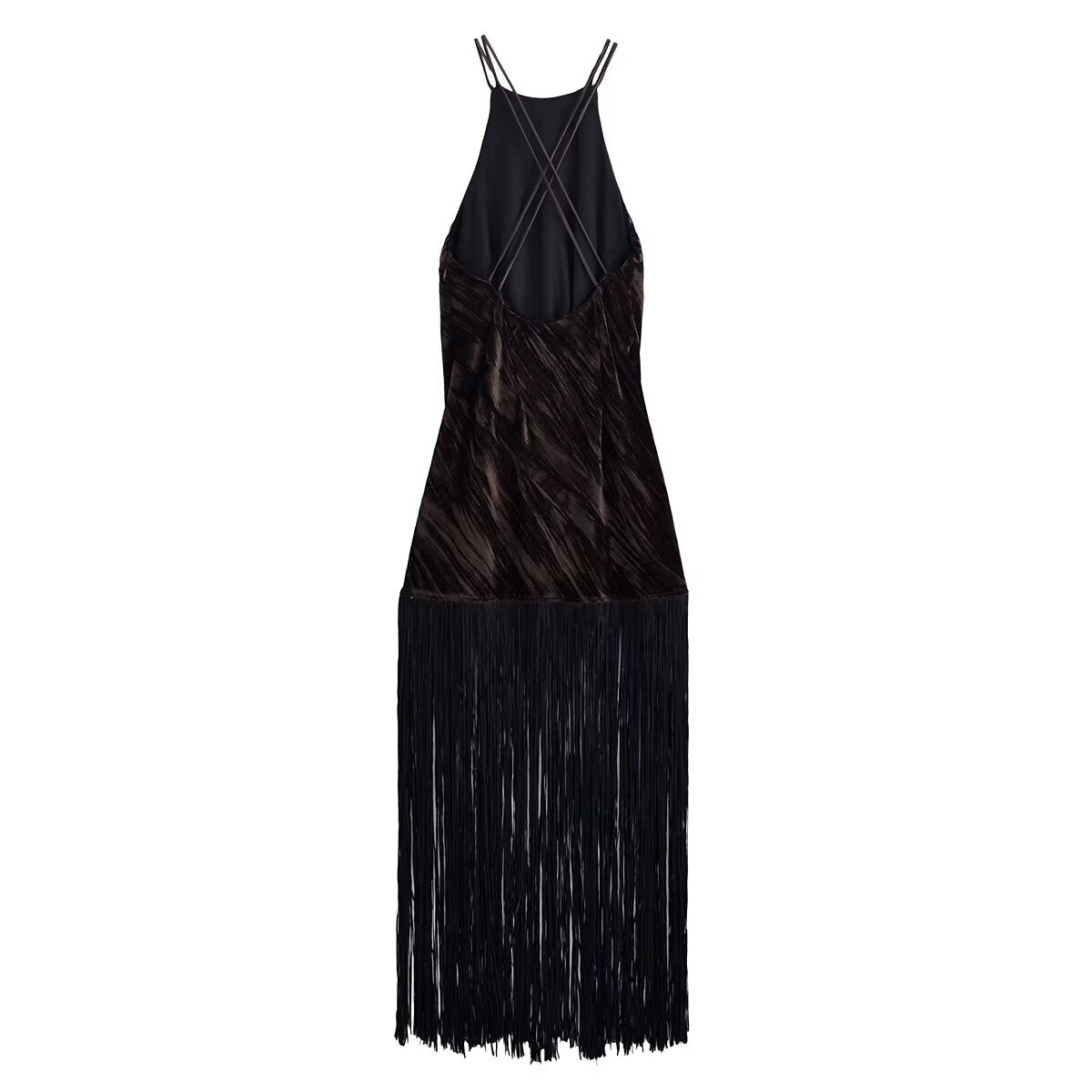 Women's Velvet Halter Tassel Midi Dress