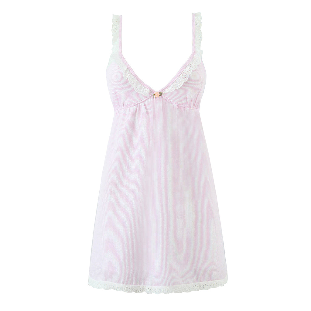 French Lace Striped Lace V-Neck Tied Dress