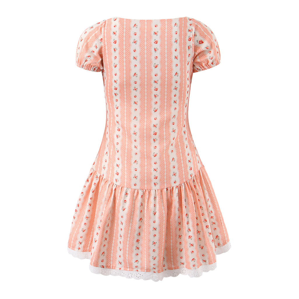 French Girlish Sweet Lace Strap Print Short Dress