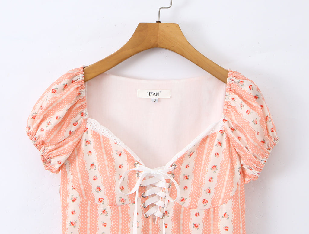 French Girlish Sweet Lace Strap Print Short Dress