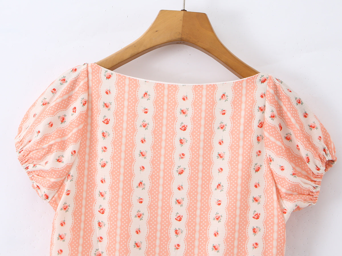 French Girlish Sweet Lace Strap Print Short Dress