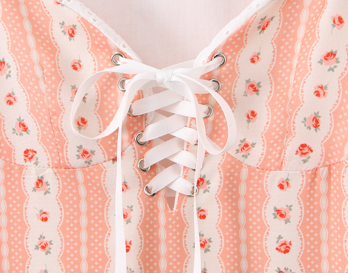 French Girlish Sweet Lace Strap Print Short Dress