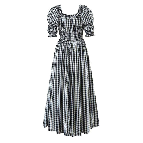 High Waist Color Contrast Check Maxi Elastic Waist Puff Sleeve Dress