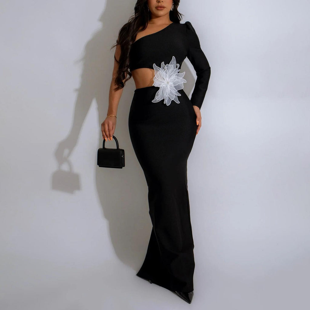 Women's One-Shoulder Beaded Split Evening Dress