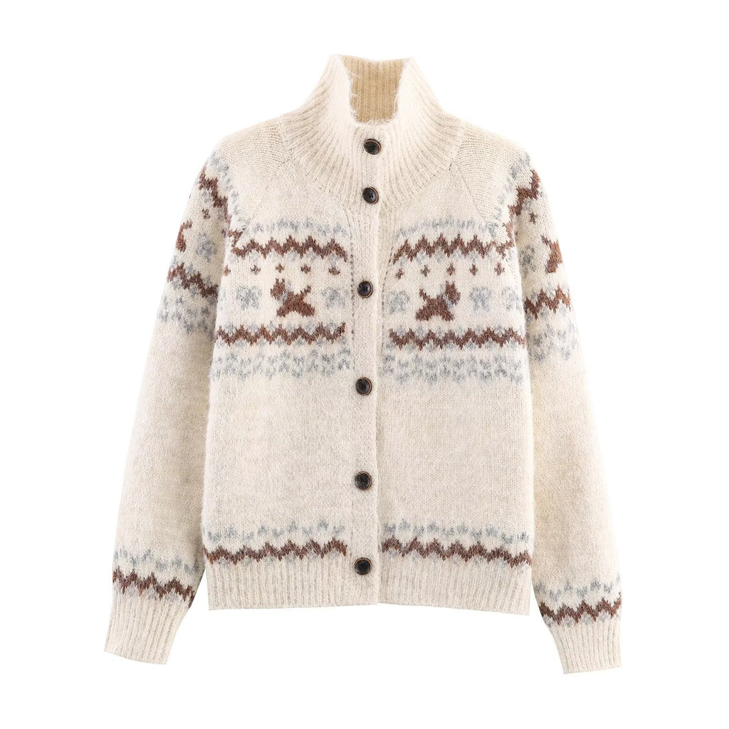 Women's Autumn Street Stand Up Collar Jacquard Cardigan