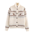 Women's Autumn Street Stand Up Collar Jacquard Cardigan