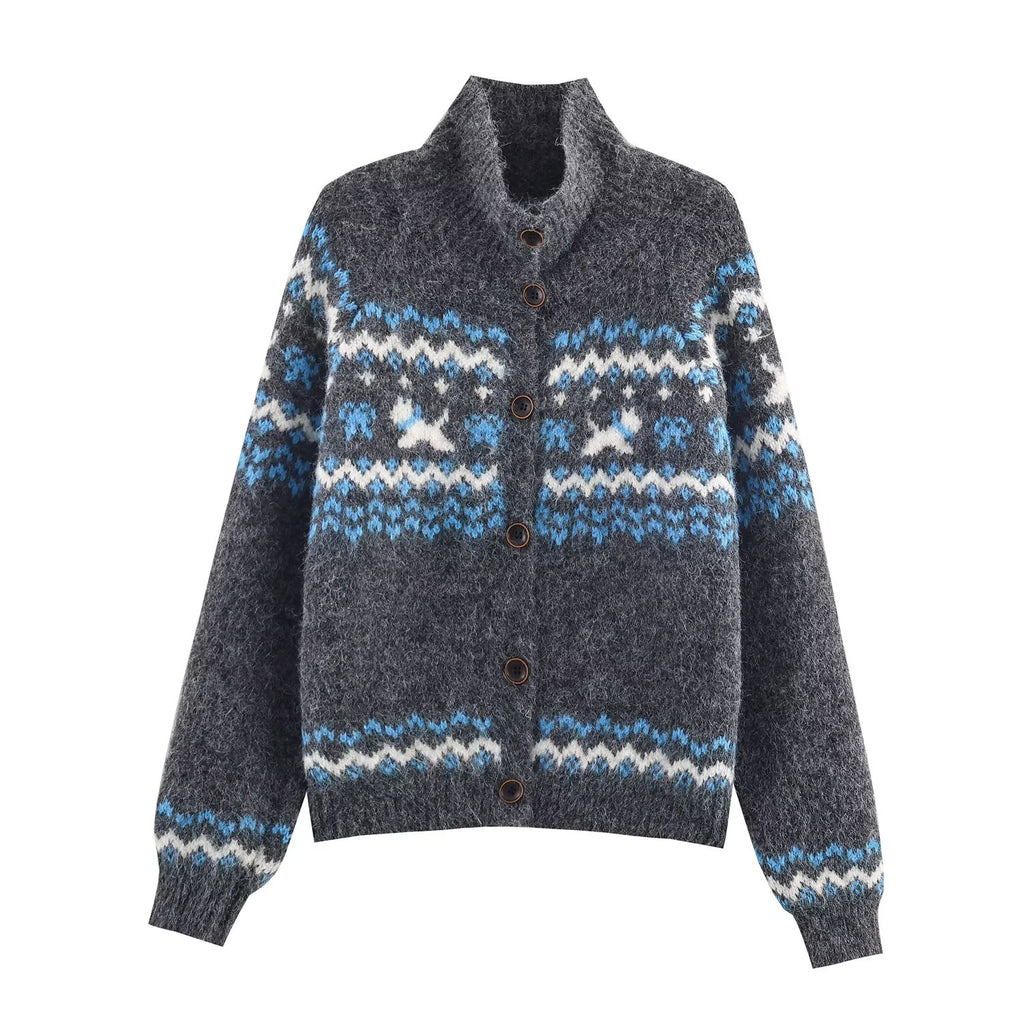 Women's Autumn Street Stand Up Collar Jacquard Cardigan