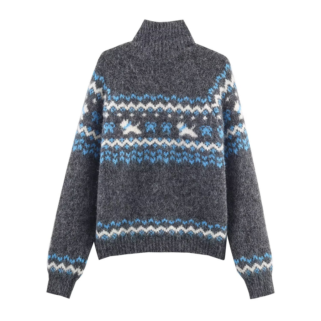 Women's Autumn Street Stand Up Collar Jacquard Cardigan