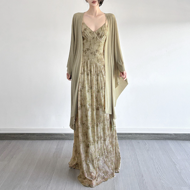 Sleeves Sun Protection Cardigan Cinched Maxi Two-Piece Set