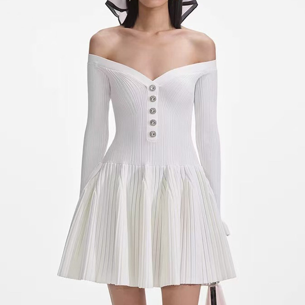 Off-Shoulder Long-Sleeve Knit A-Line Mini Dress