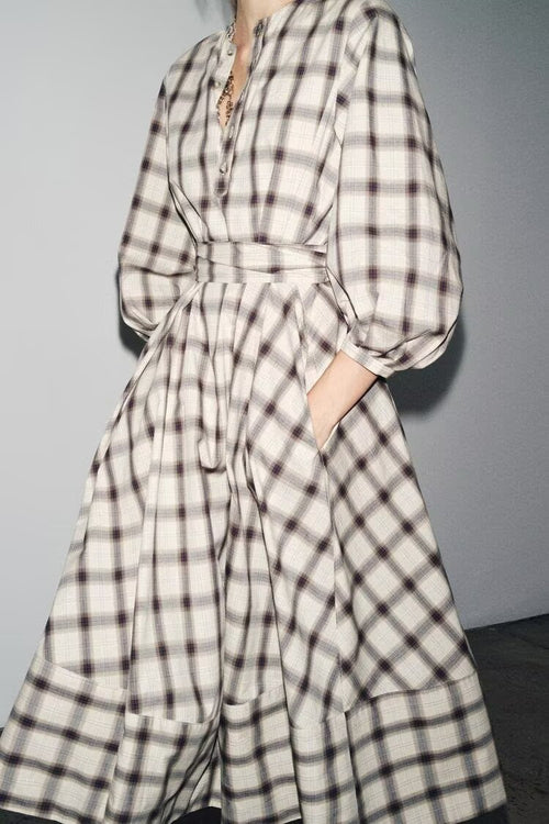 Summer Round-Neck Plaid Belt Dress