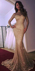 Gold Sequin Lace Stand-Collar Long-Sleeve Bodycon Maxi Dress