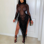 Women's Round Neck Polyester Mesh Stitching Sequin Tassel See Through Rhinestone Dress