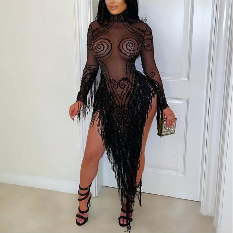 Women's Round Neck Polyester Mesh Stitching Sequin Tassel See Through Rhinestone Dress