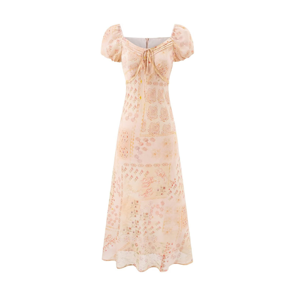 Women's V-Neck Floral Lace Tie Puff-Sleeve A-Line Midi Dress