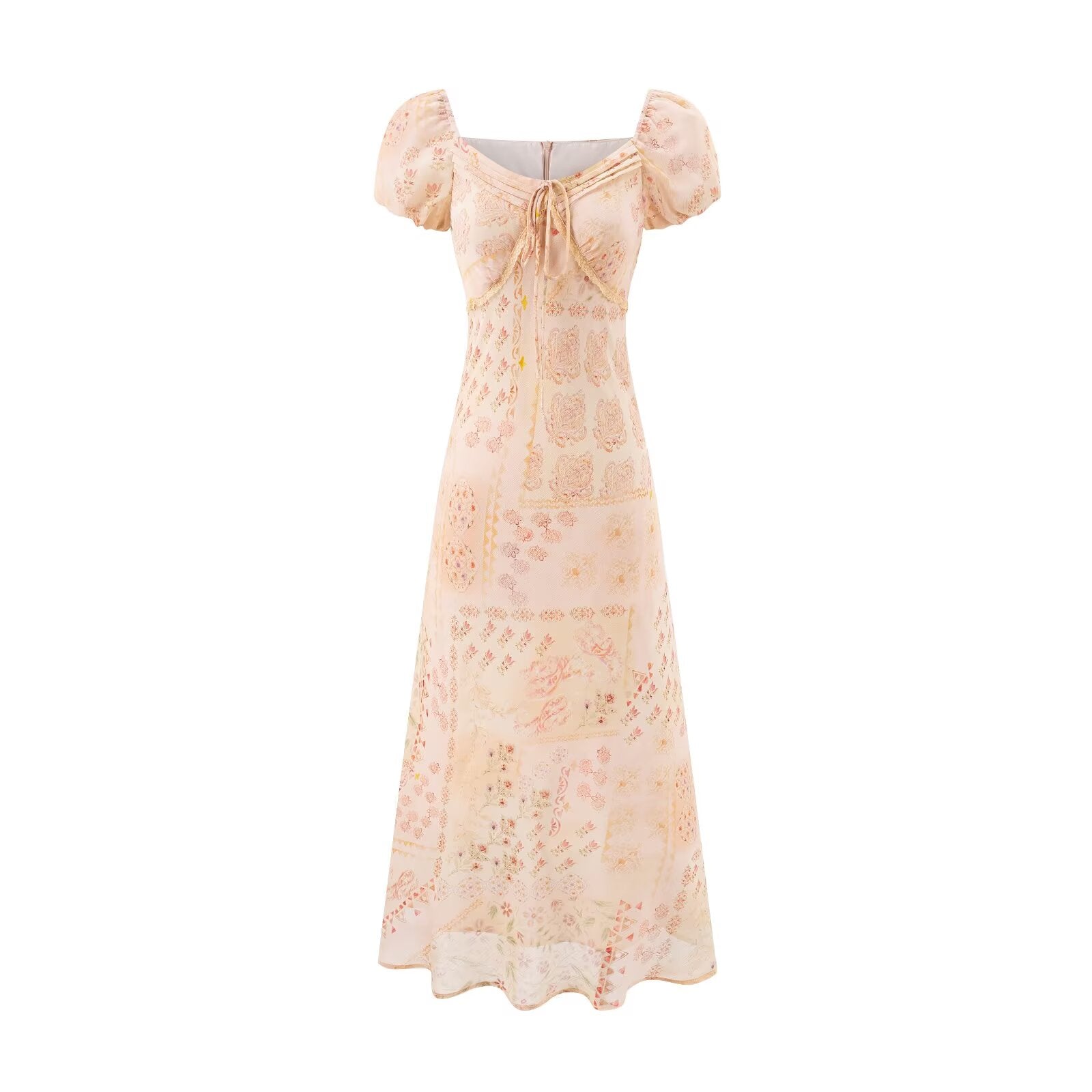 Women's V-Neck Floral Lace Tie Puff-Sleeve A-Line Midi Dress