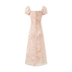 Women's V-Neck Floral Lace Tie Puff-Sleeve A-Line Midi Dress