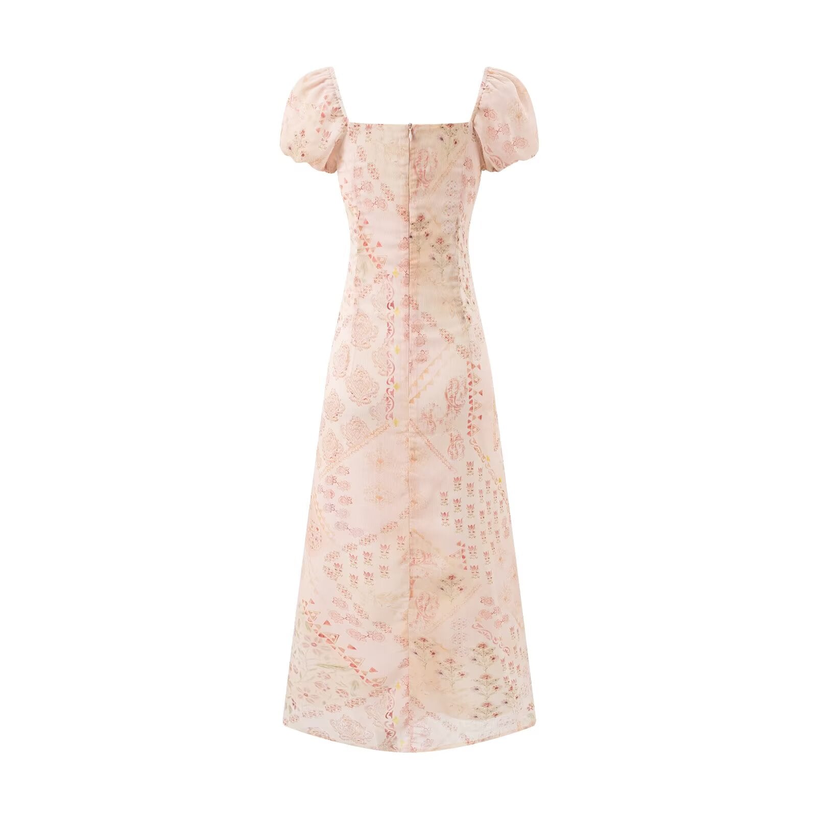 Women's V-Neck Floral Lace Tie Puff-Sleeve A-Line Midi Dress