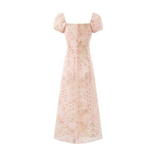 Women's V-Neck Floral Lace Tie Puff-Sleeve A-Line Midi Dress