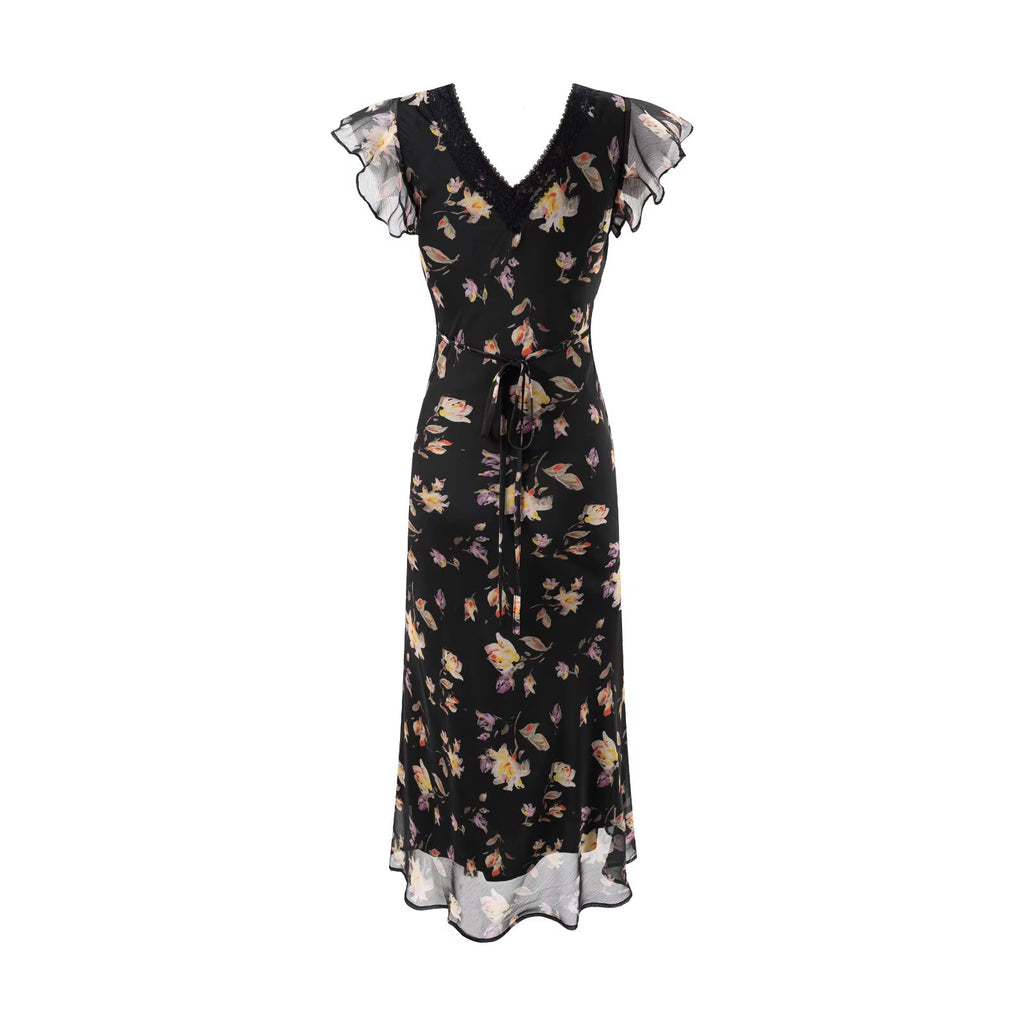 Women's Black Floral Lace V-Neck Vacation Midi Dress