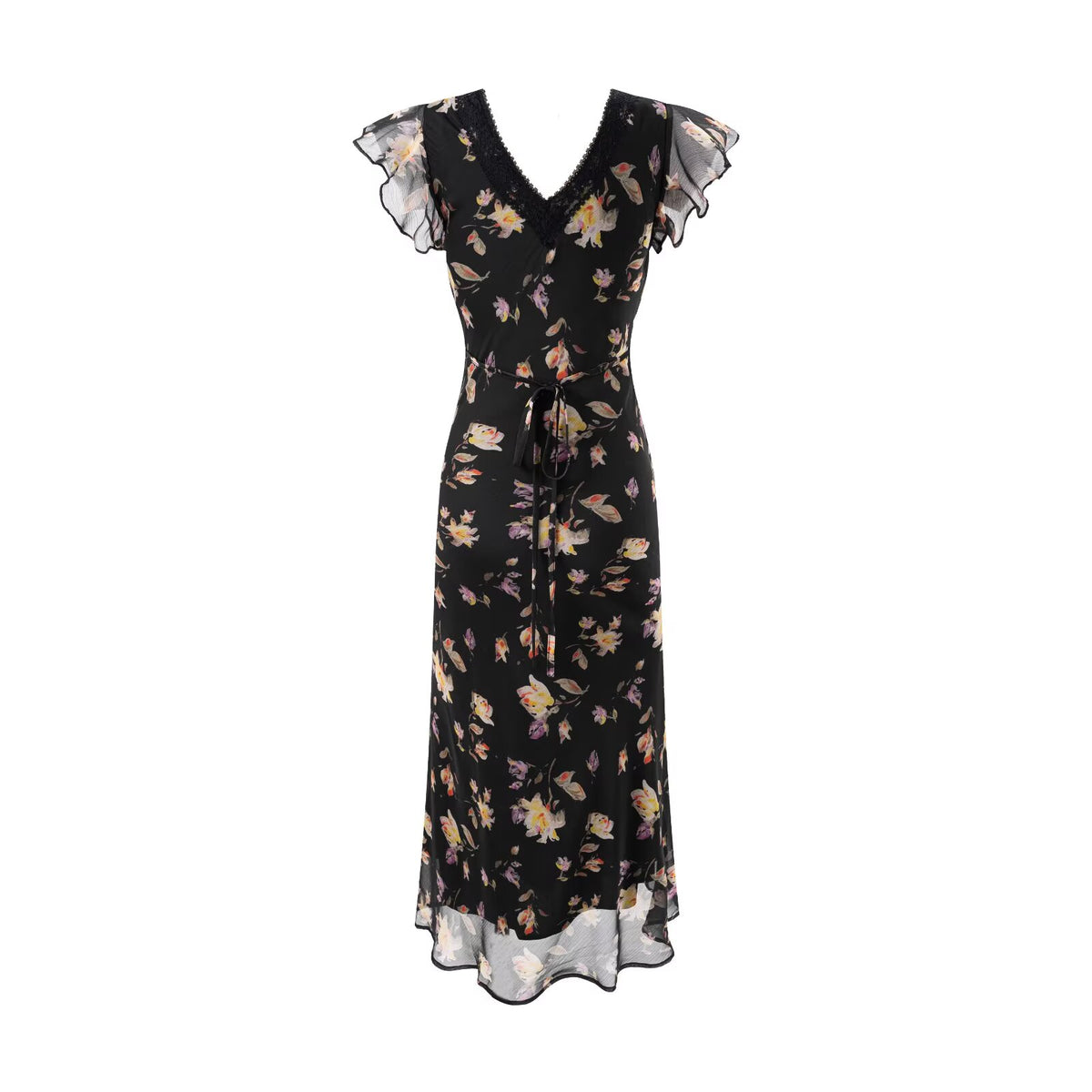 Women's Black Floral Lace V-Neck Vacation Midi Dress