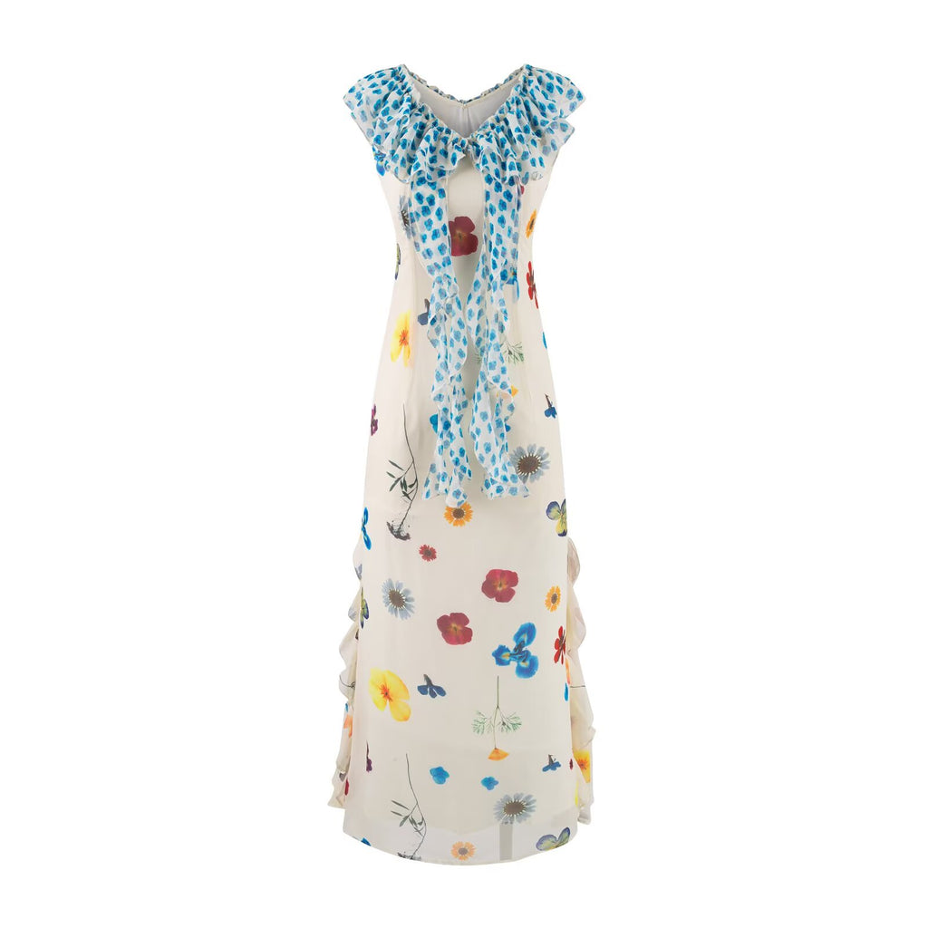 Women's Floral Ruffle V-Neck Maxi Dress