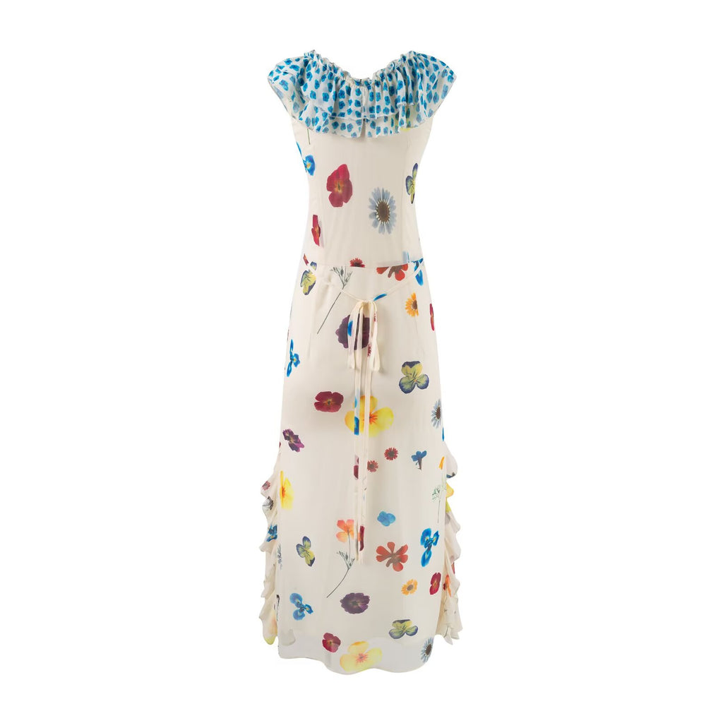 Women's Floral Ruffle V-Neck Maxi Dress