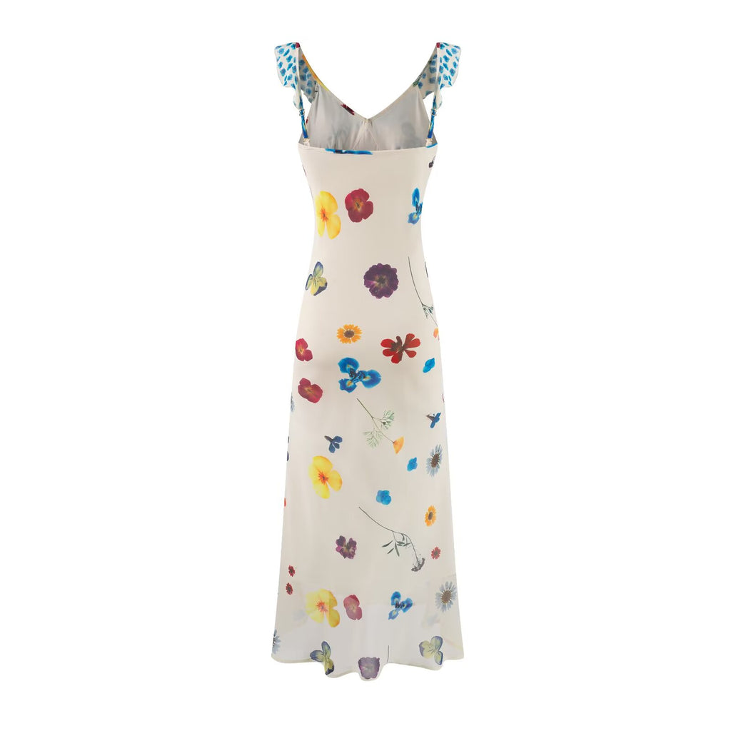 Women's V-Neck Floral Ruched Ruffle Flutter-Sleeve A-Line Midi Dress