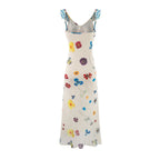 Women's V-Neck Floral Ruched Ruffle Flutter-Sleeve A-Line Midi Dress