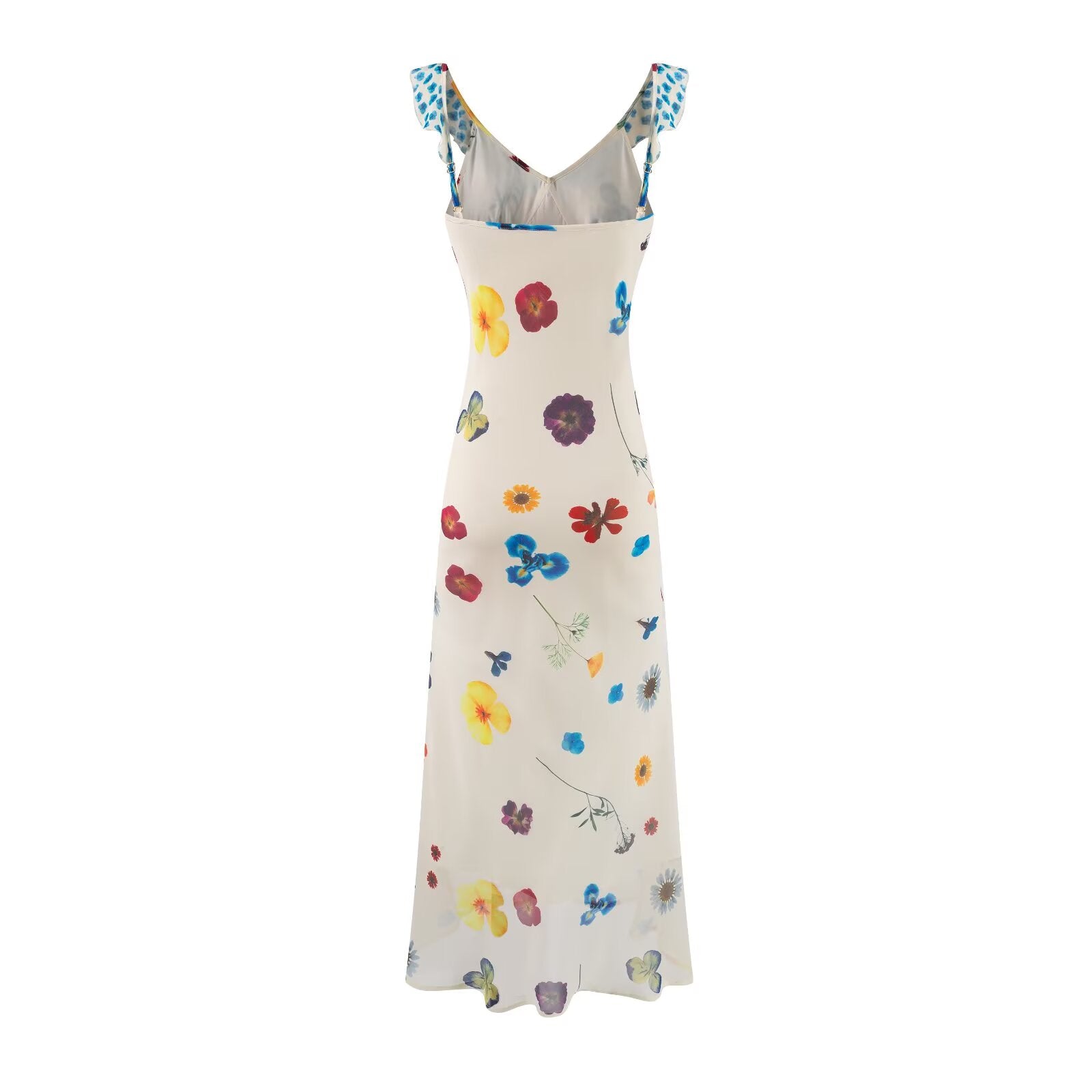 Women's V-Neck Floral Ruched Ruffle Flutter-Sleeve A-Line Midi Dress