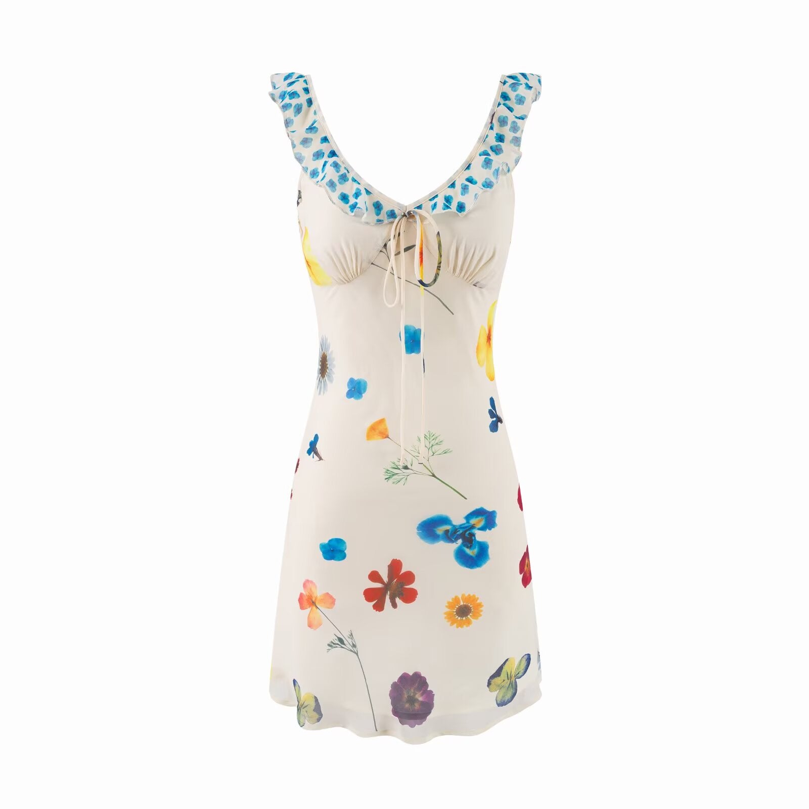 Women's V-Neck Floral Tie Ruffle Ruched Flutter-Sleeve Bodycon Mini Dress